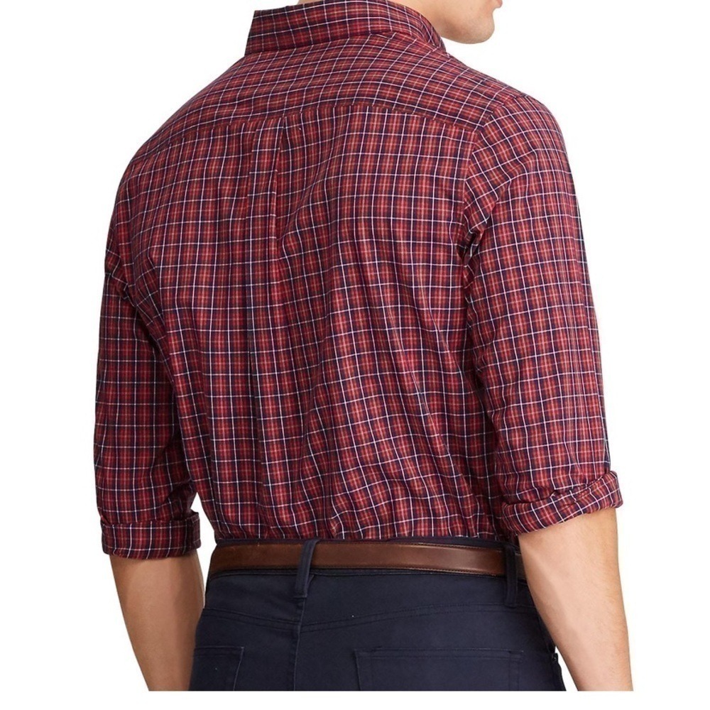 Chaps Mens Easy Care Plaid Button Down Shirt Red Navy Blue Large NWT - Picture 2 of 4